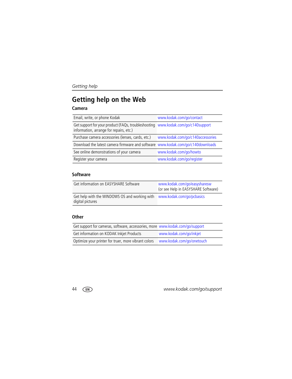 Getting help on the web | Kodak EASYSHARE C140 User Manual | Page 50 / 66