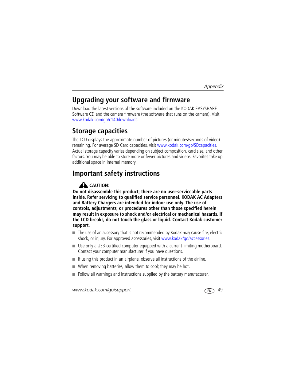 Upgrading your software and firmware, Storage capacities, Important safety instructions | Kodak EASYSHARE C140 User Manual | Page 55 / 66