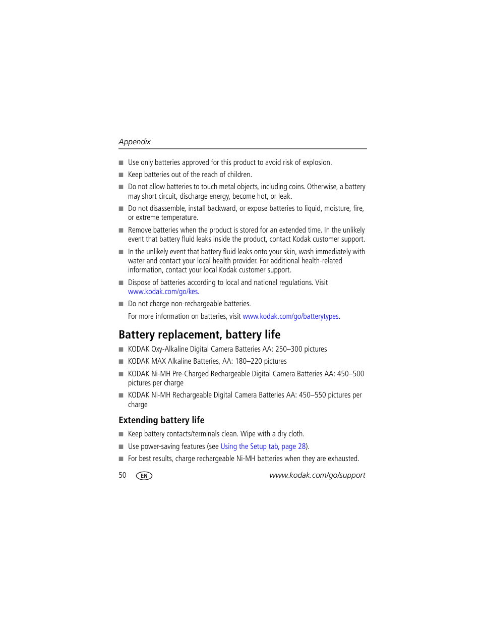 Battery replacement, battery life, Extending battery life, Stalled | Kodak EASYSHARE C140 User Manual | Page 56 / 66