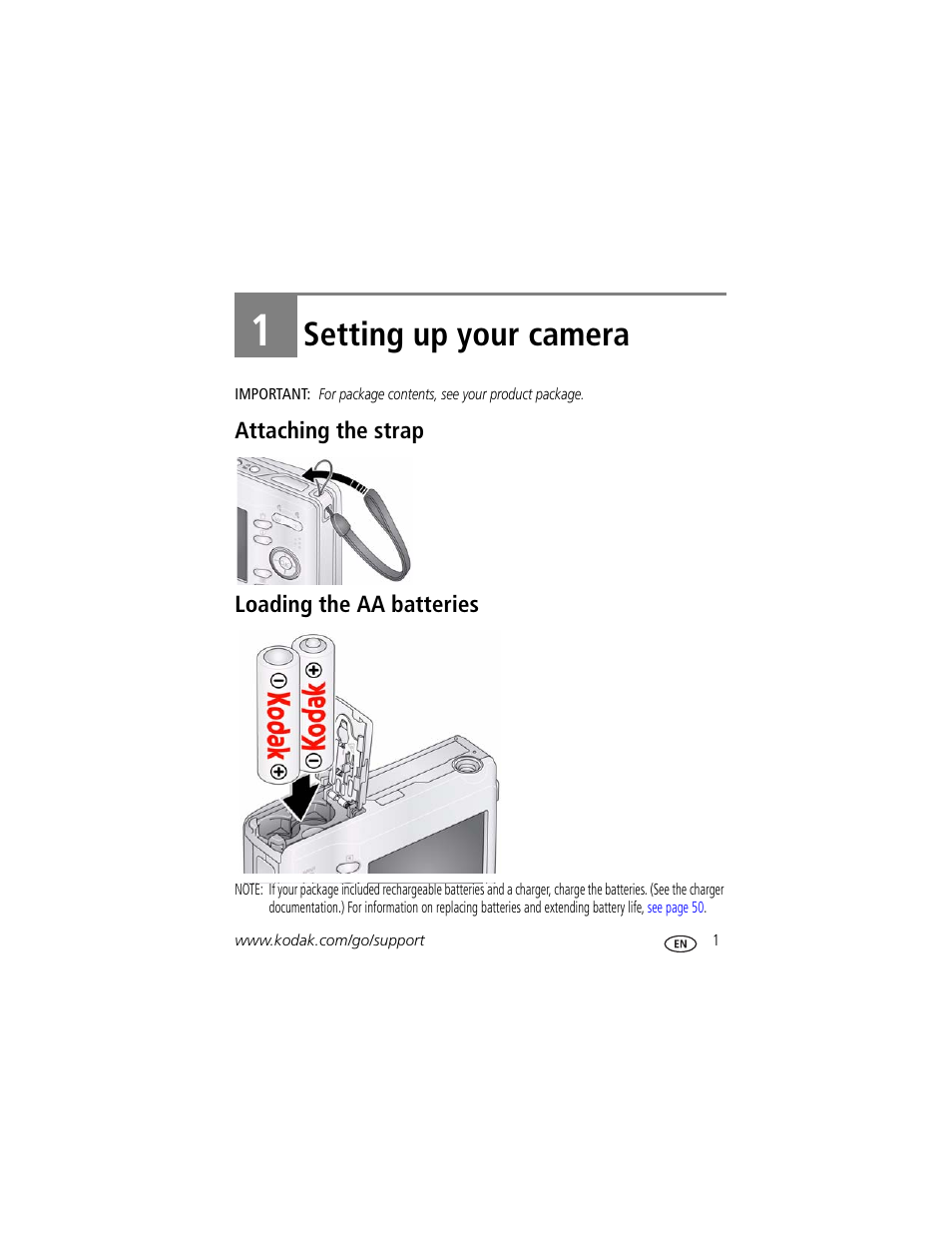 Setting up your camera, Attaching the strap, Loading the aa batteries | 1 setting up your camera, Attaching the strap loading the aa batteries | Kodak EASYSHARE C140 User Manual | Page 7 / 66