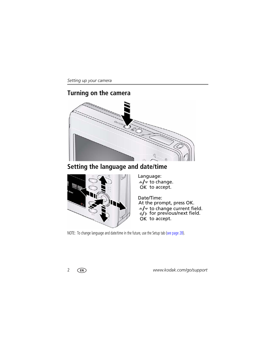 Turning on the camera, Setting the language and date/time | Kodak EASYSHARE C140 User Manual | Page 8 / 66