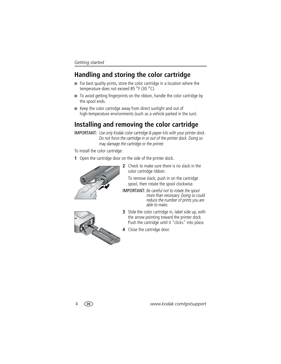 Handling and storing the color cartridge, Installing and removing the color cartridge | Kodak EasyShare printer dock User Manual | Page 10 / 58