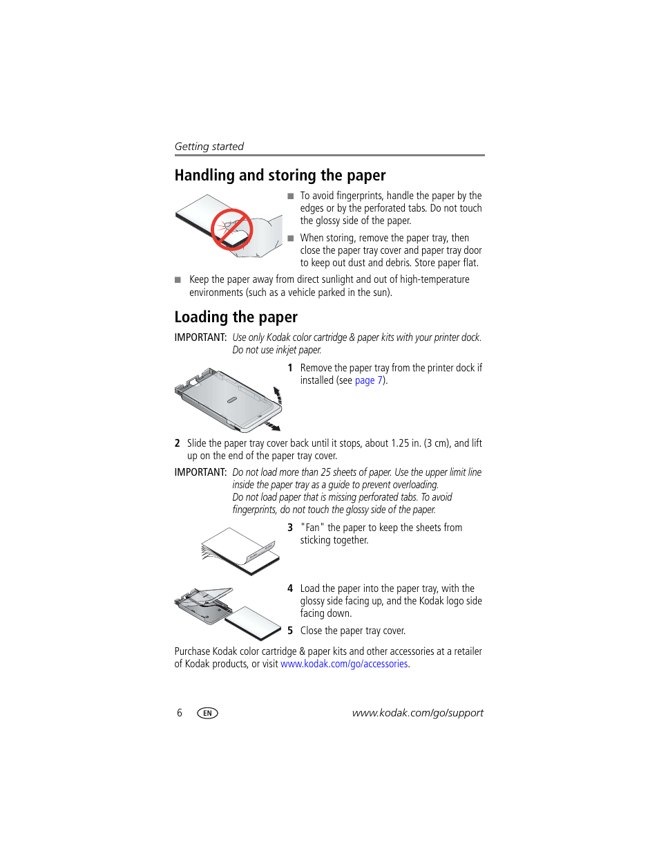 Handling and storing the paper, Loading the paper, Handling and storing the paper loading the paper | Kodak EasyShare printer dock User Manual | Page 12 / 58