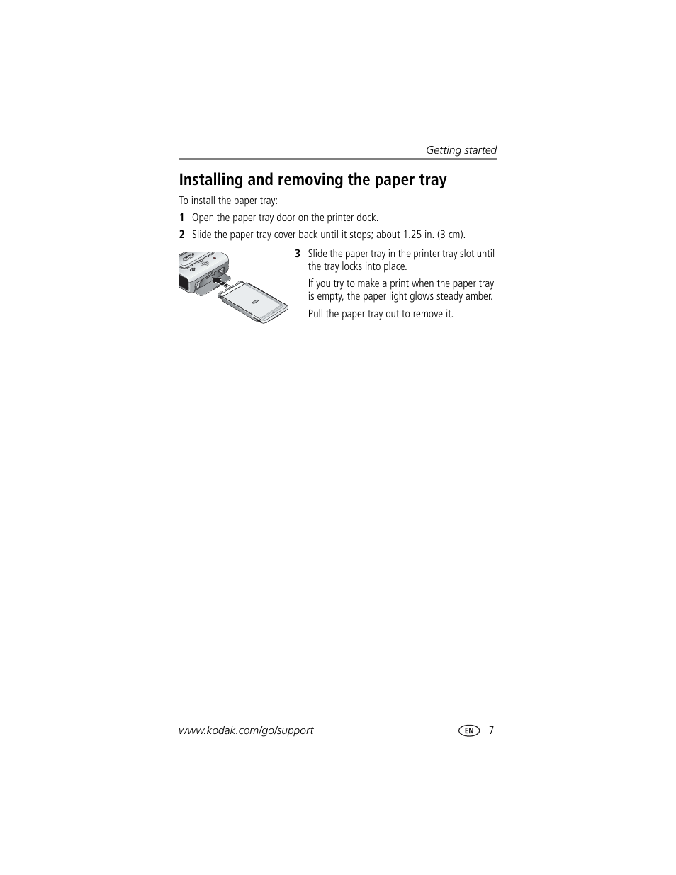 Installing and removing the paper tray | Kodak EasyShare printer dock User Manual | Page 13 / 58