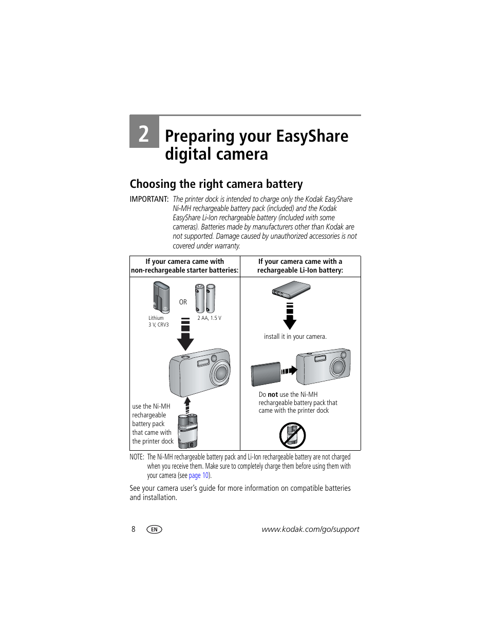 2 preparing your easyshare digital camera, Choosing the right camera battery, Preparing your easyshare digital camera | Kodak EasyShare printer dock User Manual | Page 14 / 58