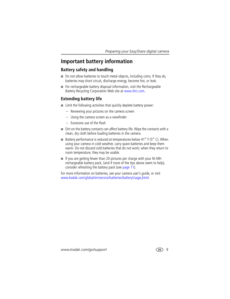 Important battery information, Battery safety and handling, Extending battery life | Battery safety and handling extending battery life | Kodak EasyShare printer dock User Manual | Page 15 / 58