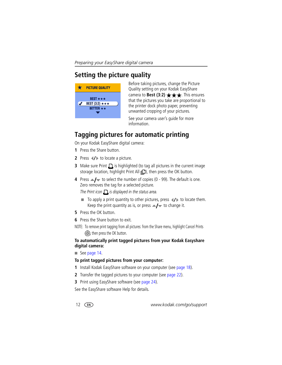 Setting the picture quality, Tagging pictures for automatic printing | Kodak EasyShare printer dock User Manual | Page 18 / 58