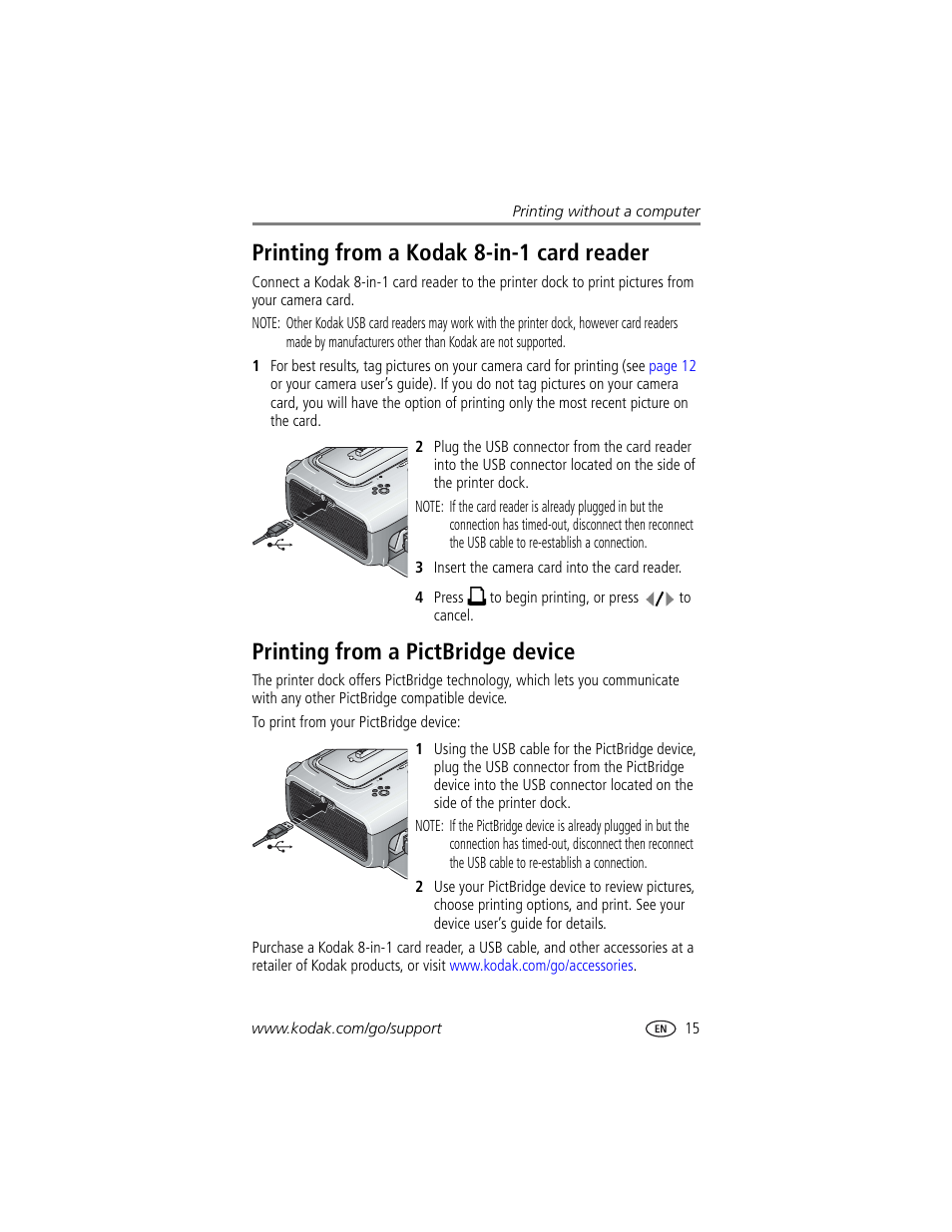 Printing from a kodak 8-in-1 card reader, Printing from a pictbridge device | Kodak EasyShare printer dock User Manual | Page 21 / 58