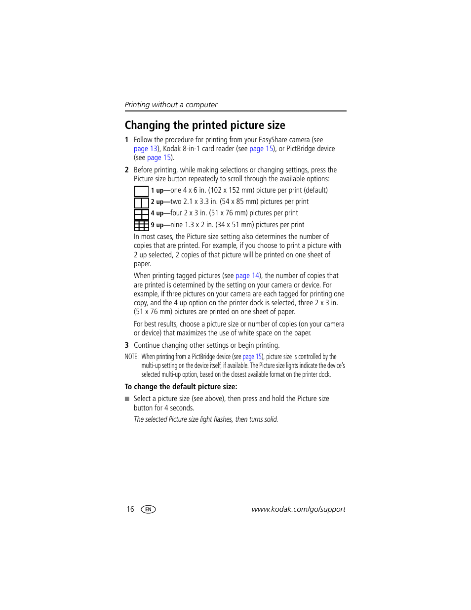 Changing the printed picture size | Kodak EasyShare printer dock User Manual | Page 22 / 58