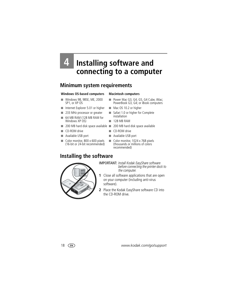 4 installing software and connecting to a computer, Minimum system requirements, Installing the software | Installing software and connecting to a computer | Kodak EasyShare printer dock User Manual | Page 24 / 58