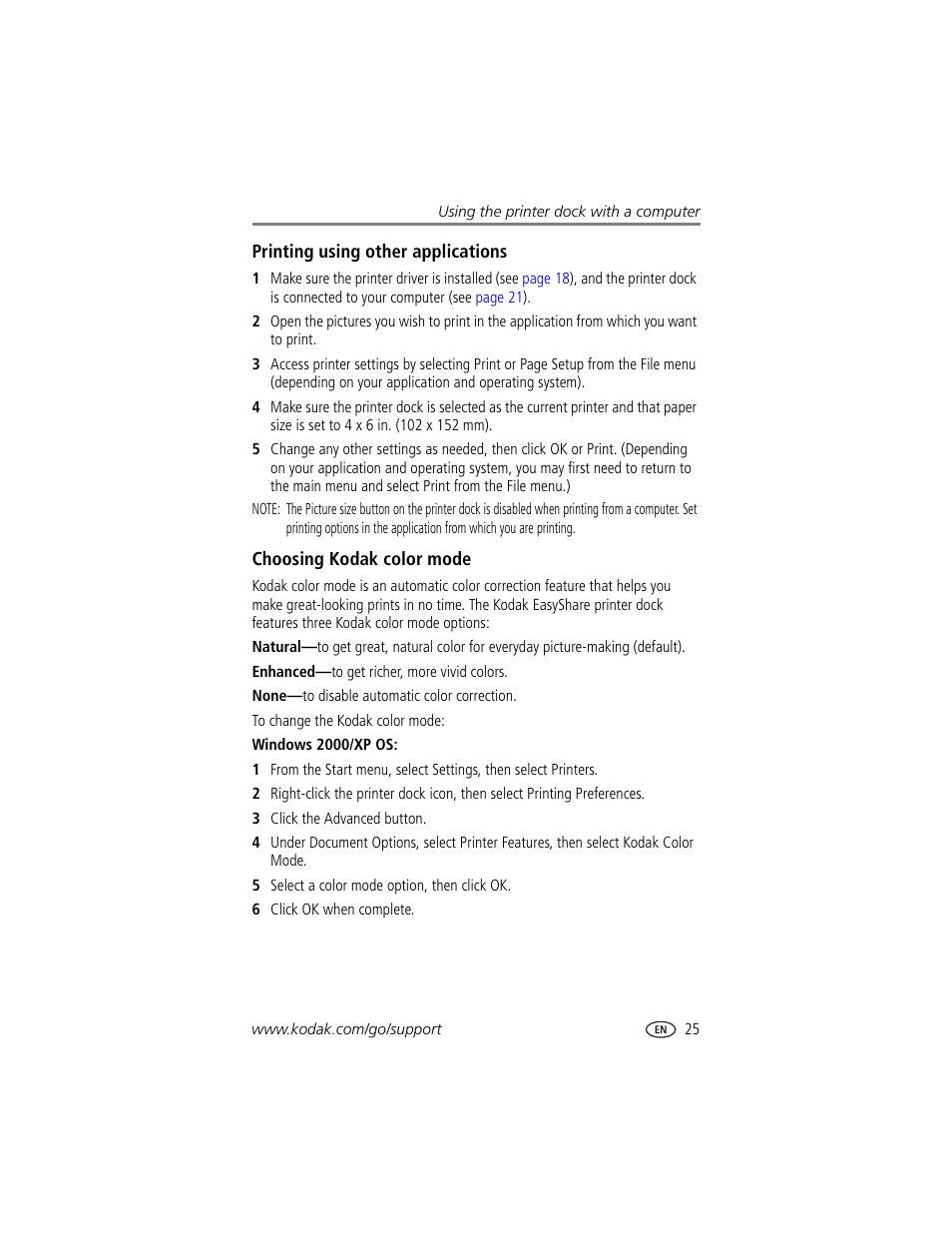 Printing using other applications, Choosing kodak color mode | Kodak EasyShare printer dock User Manual | Page 31 / 58