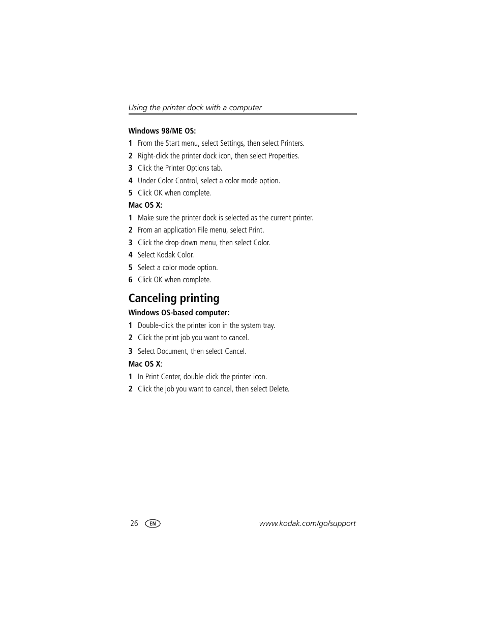 Canceling printing | Kodak EasyShare printer dock User Manual | Page 32 / 58