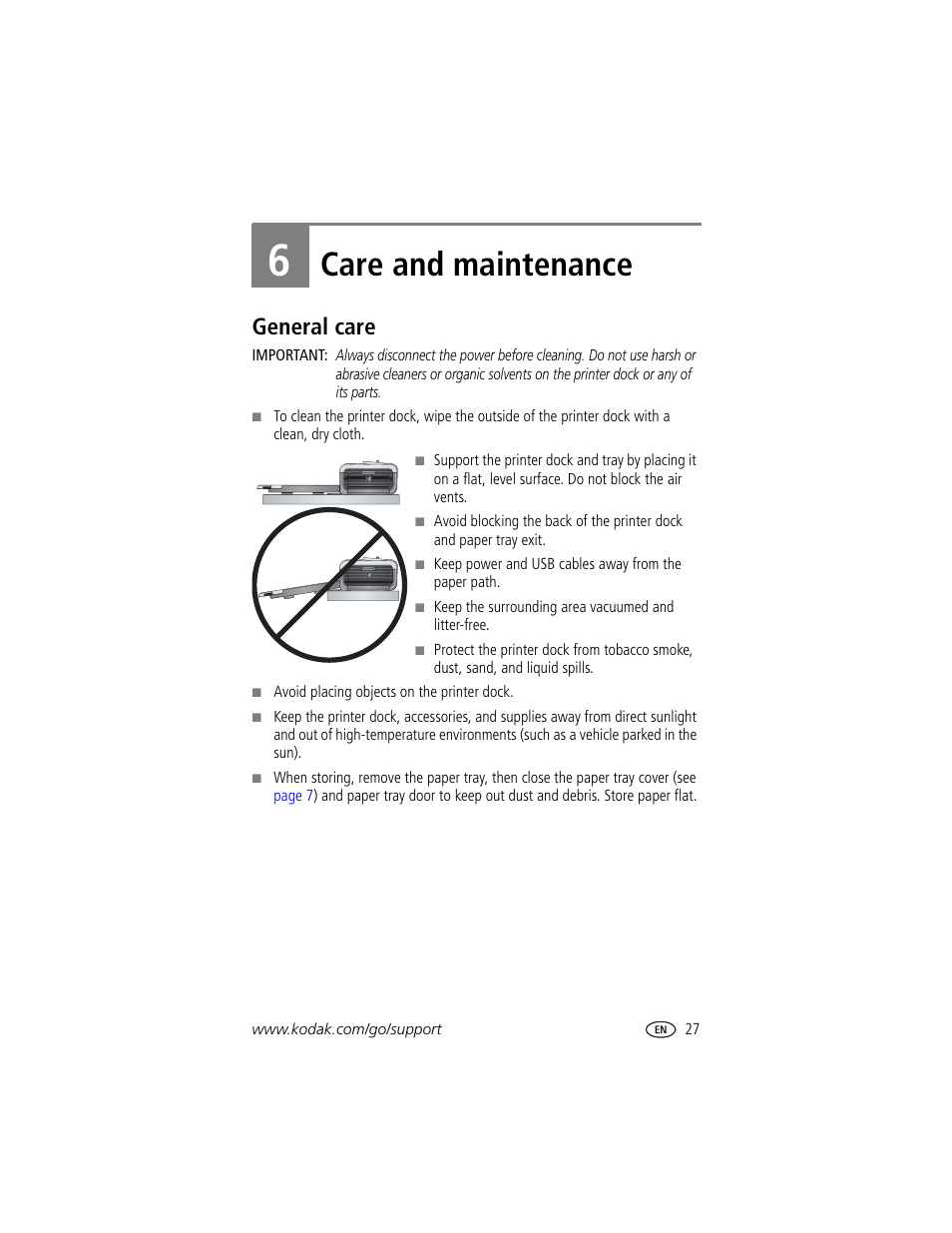 6 care and maintenance, General care, Care and maintenance | Kodak EasyShare printer dock User Manual | Page 33 / 58