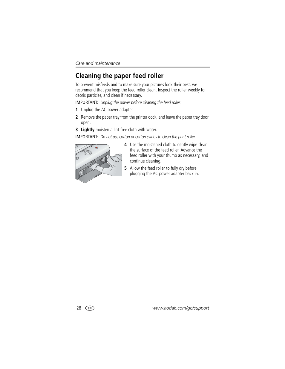 Cleaning the paper feed roller | Kodak EasyShare printer dock User Manual | Page 34 / 58