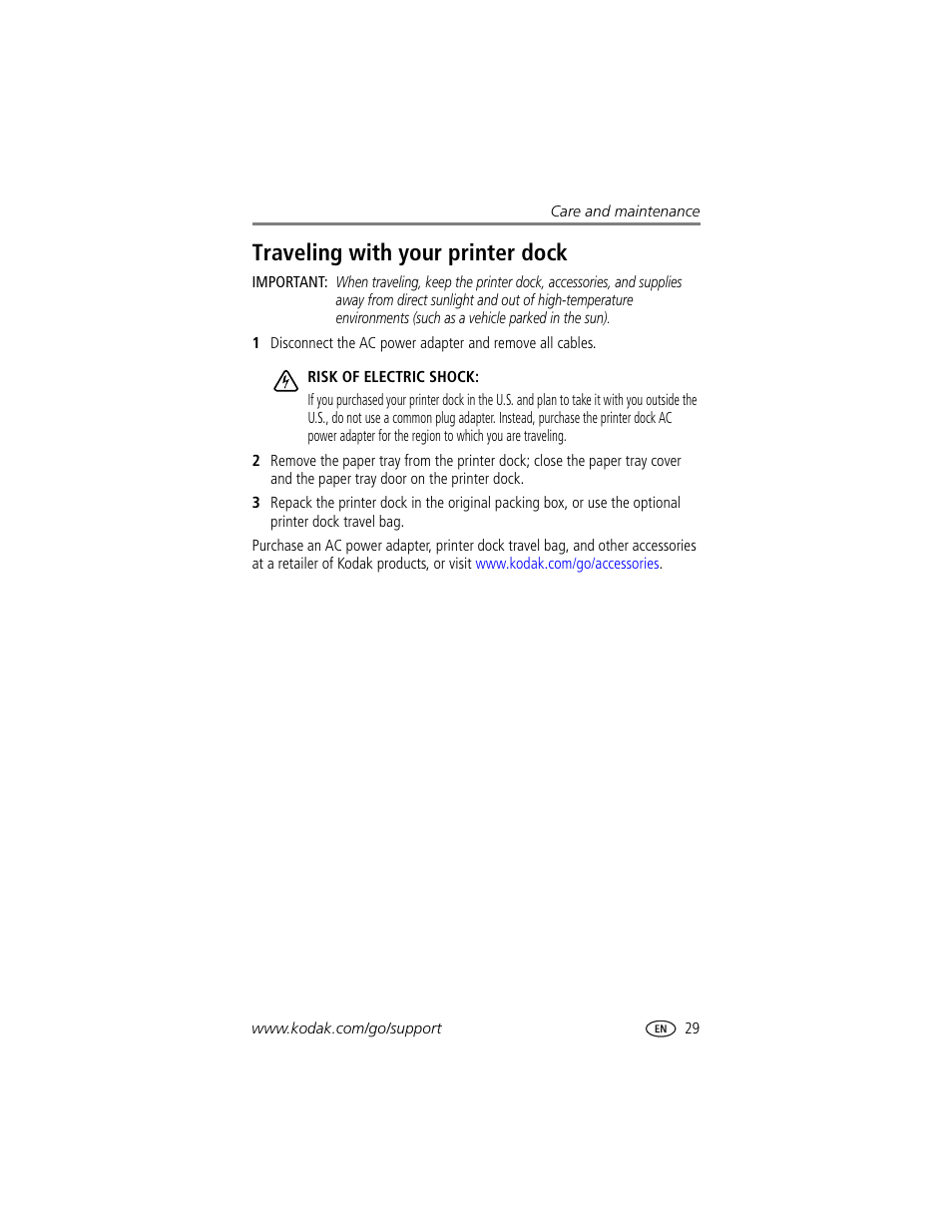 Traveling with your printer dock | Kodak EasyShare printer dock User Manual | Page 35 / 58