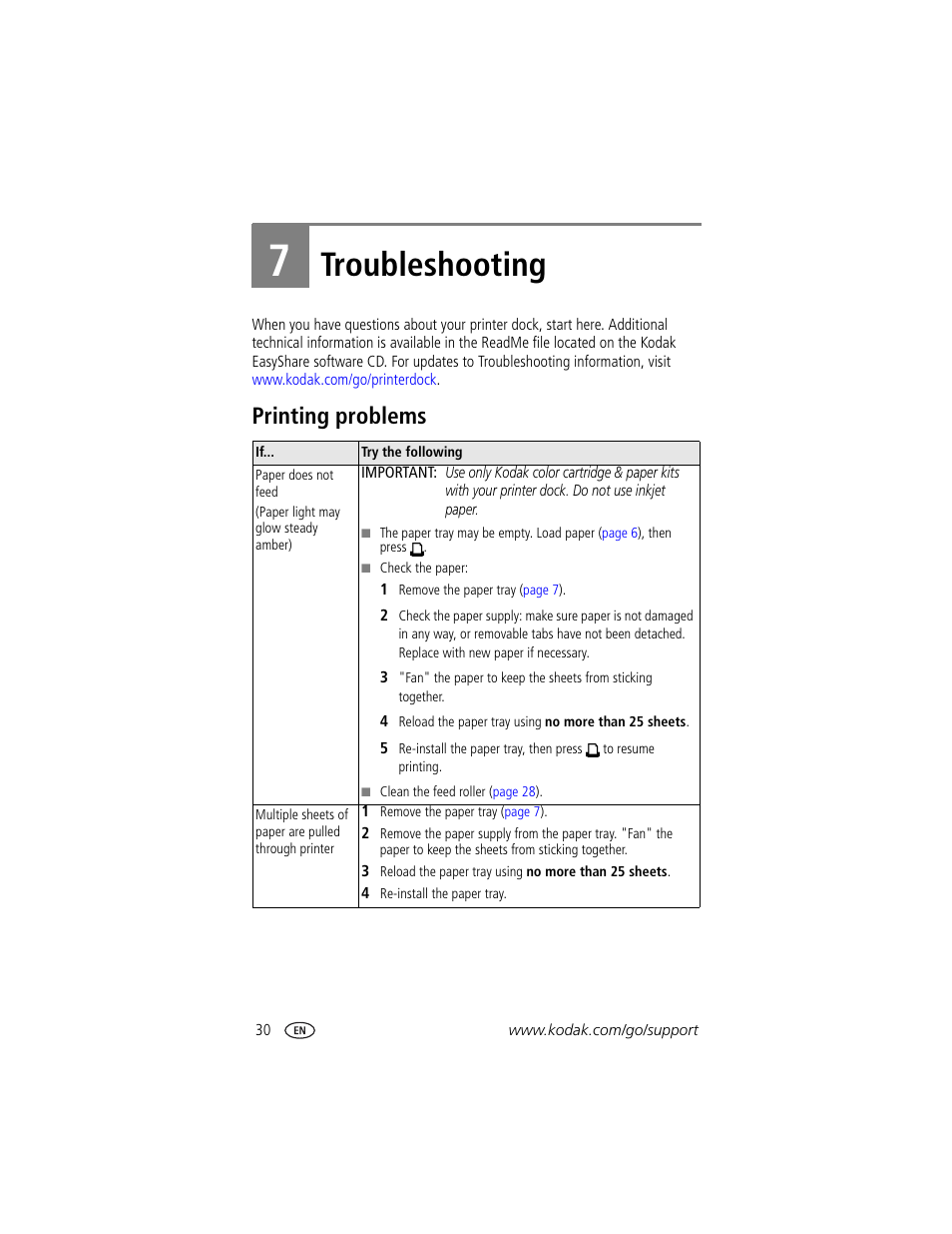 7 troubleshooting, Printing problems, Troubleshooting | Kodak EasyShare printer dock User Manual | Page 36 / 58