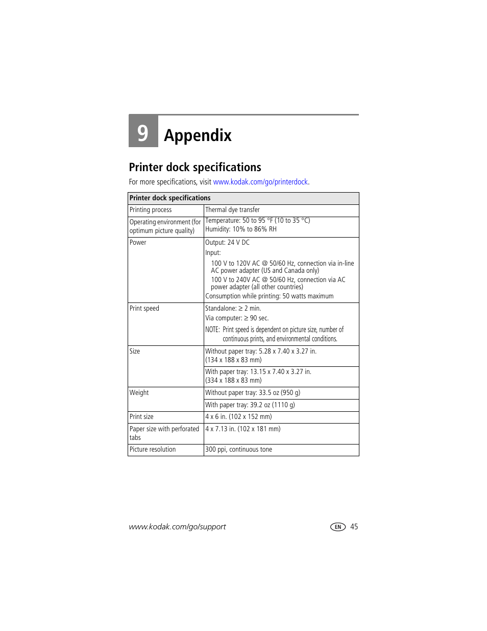 9 appendix, Printer dock specifications, Appendix | Kodak EasyShare printer dock User Manual | Page 51 / 58