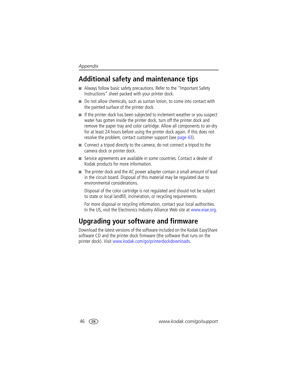 Additional safety and maintenance tips, Upgrading your software and firmware | Kodak EasyShare printer dock User Manual | Page 52 / 58