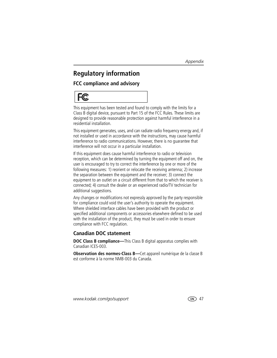 Regulatory information, Fcc compliance and advisory, Canadian doc statement | Fcc compliance and advisory canadian doc statement | Kodak EasyShare printer dock User Manual | Page 53 / 58