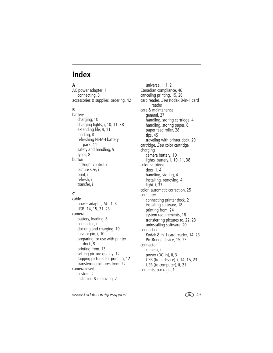 Index | Kodak EasyShare printer dock User Manual | Page 55 / 58