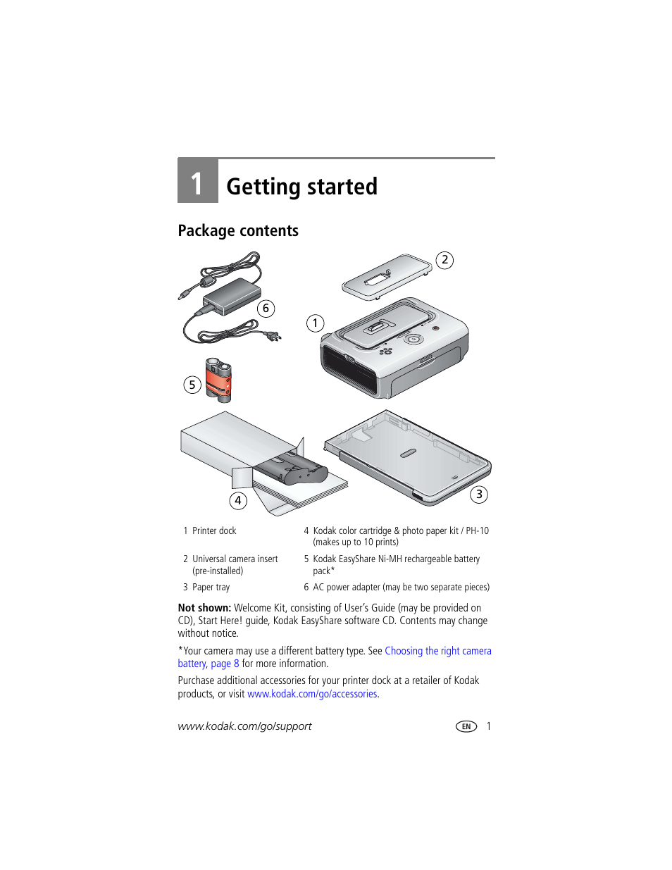 1 getting started, Package contents, Getting started | Kodak EasyShare printer dock User Manual | Page 7 / 58