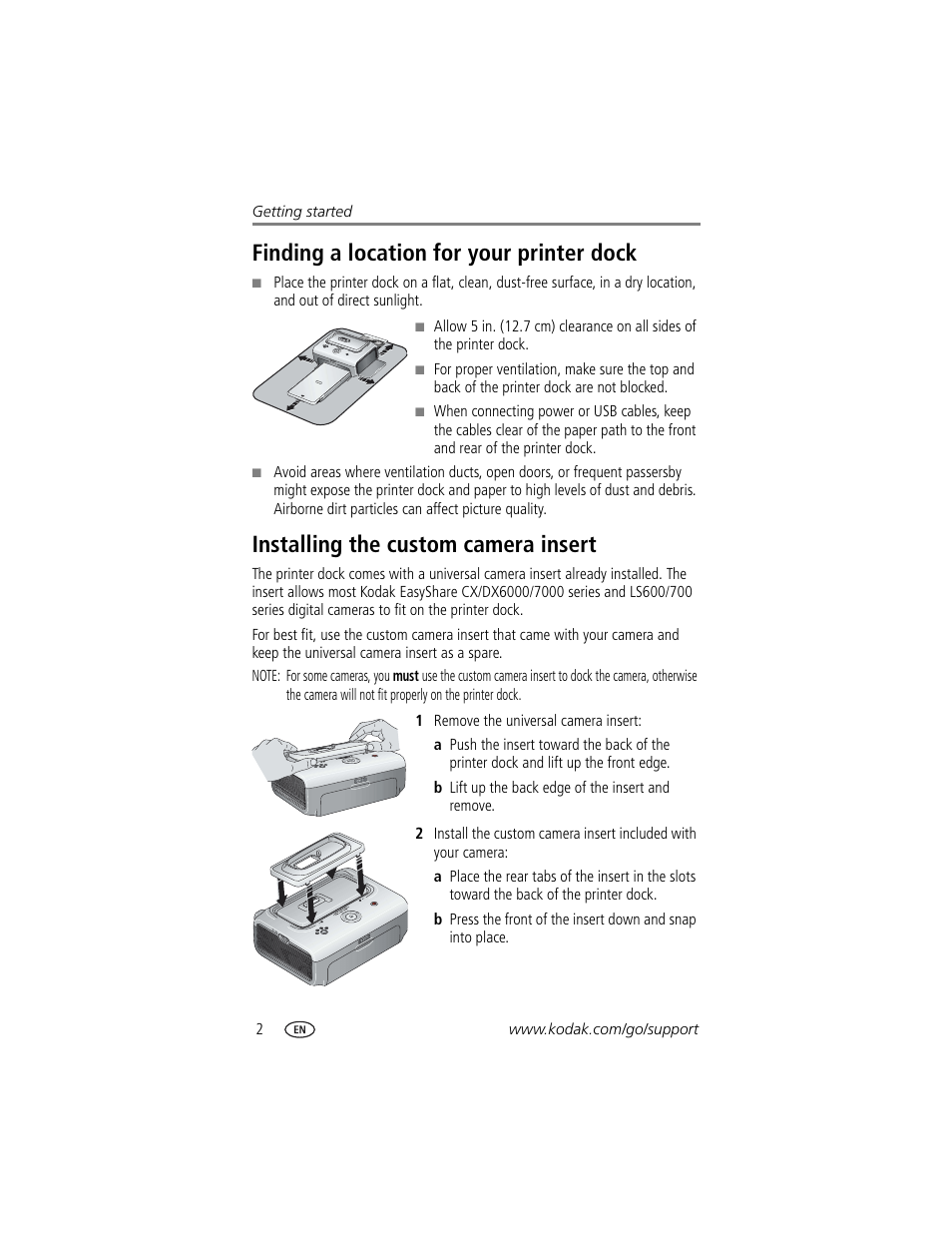 Finding a location for your printer dock, Installing the custom camera insert | Kodak EasyShare printer dock User Manual | Page 8 / 58