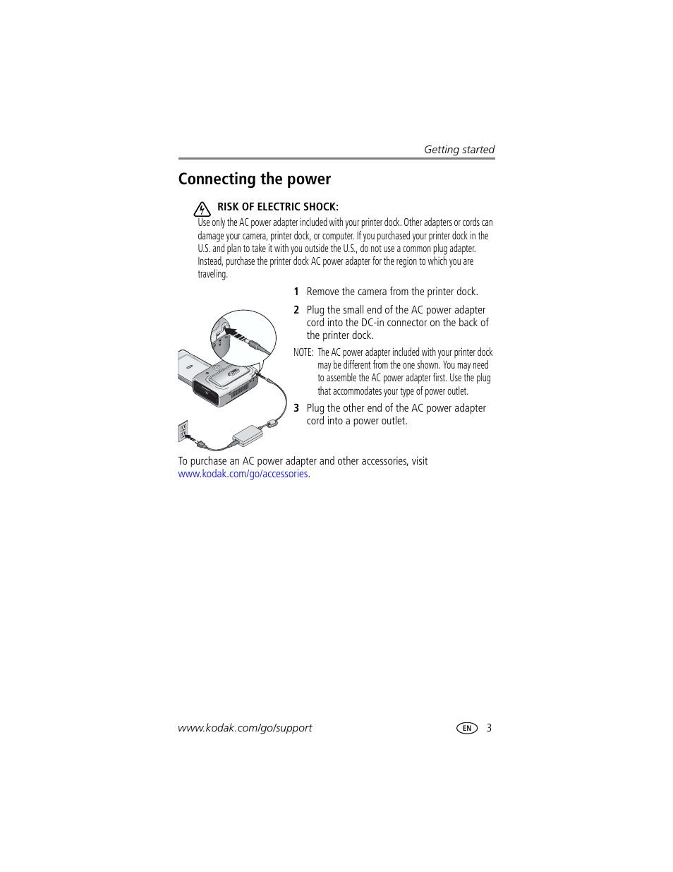 Connecting the power | Kodak EasyShare printer dock User Manual | Page 9 / 58