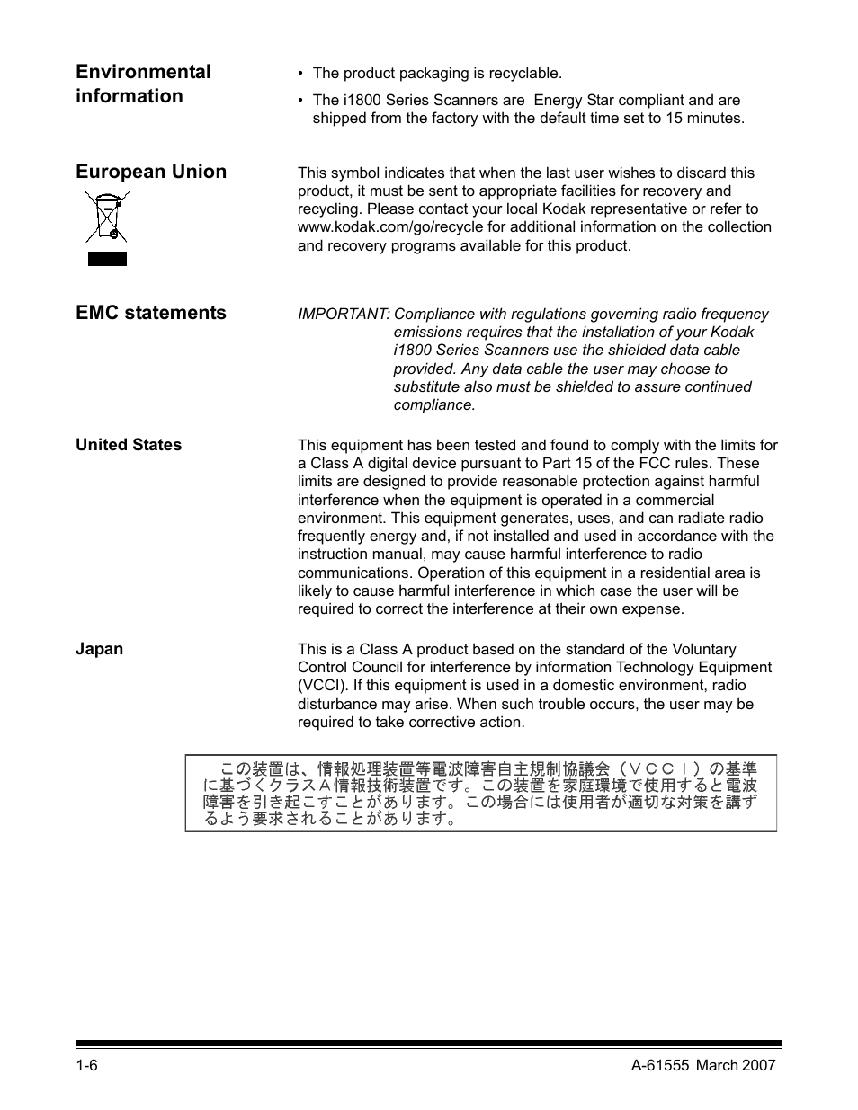 Environmental information, European union, Emc statements | United states, Japan, Taiwan | Kodak i1800 Series User Manual | Page 10 / 101