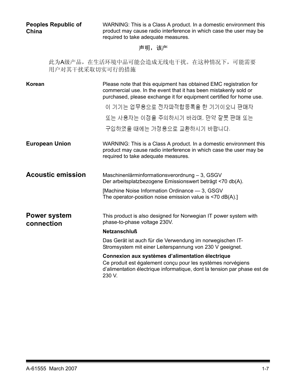 Peoples republic of china, Korean, European union | Acoustic emission, Power system connection | Kodak i1800 Series User Manual | Page 11 / 101