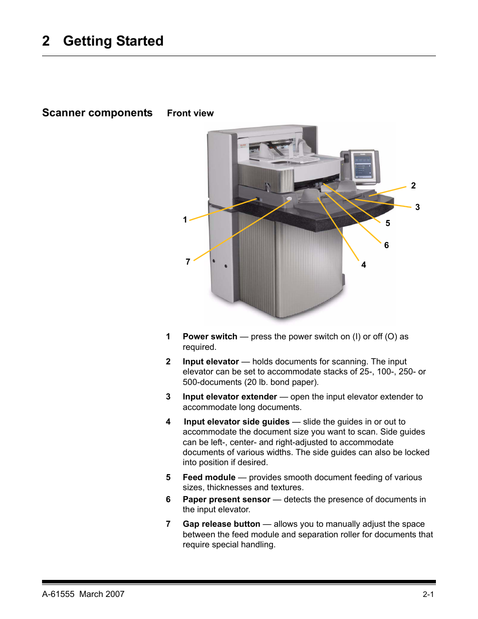 2 getting started, Scanner components, Front view | Kodak i1800 Series User Manual | Page 12 / 101
