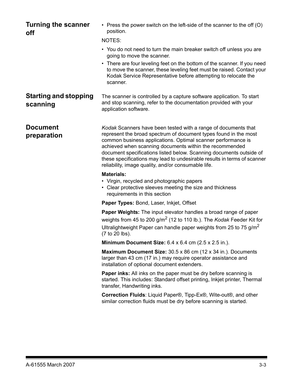 Turning the scanner off, Starting and stopping scanning, Document preparation | Kodak i1800 Series User Manual | Page 19 / 101