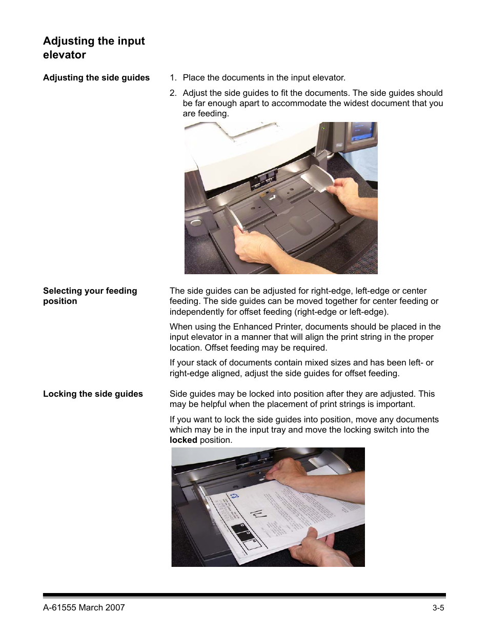 Adjusting the input elevator, Adjusting the side guides, Selecting your feeding position | Locking the side guides | Kodak i1800 Series User Manual | Page 21 / 101