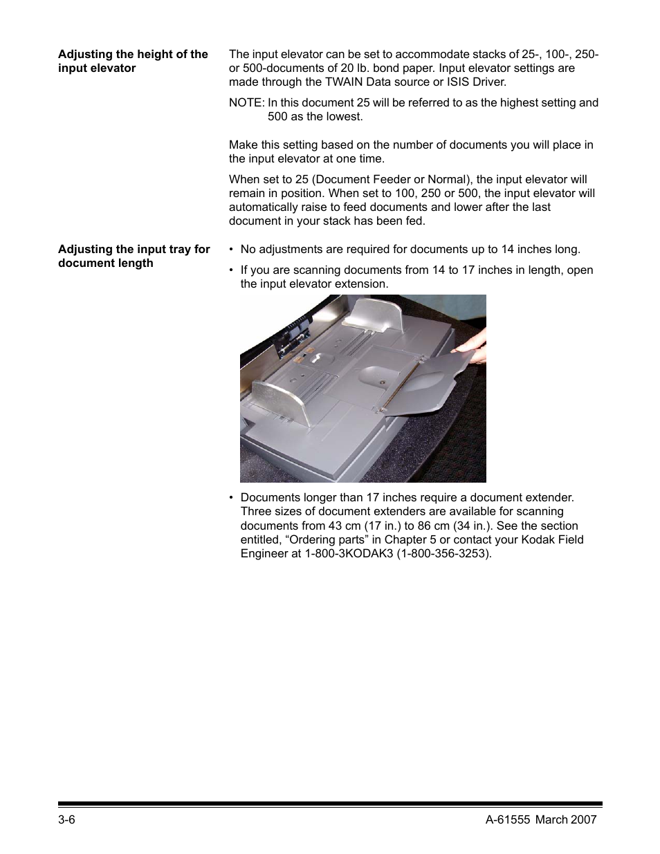 Adjusting the height of the input elevator, Adjusting the input tray for document length | Kodak i1800 Series User Manual | Page 22 / 101