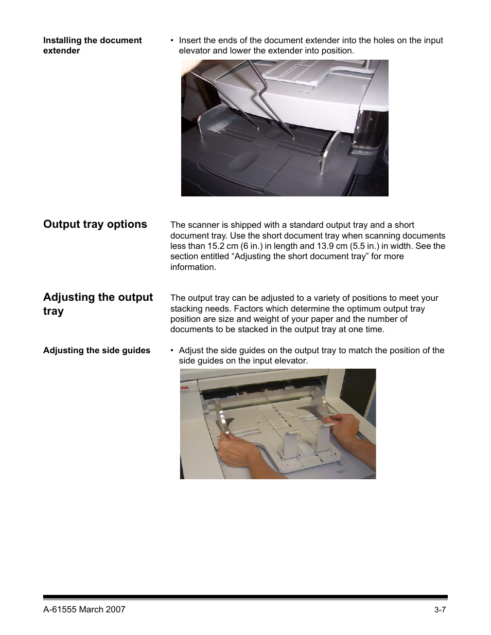 Installing the document extender, Output tray options, Adjusting the output tray | Adjusting the side guides | Kodak i1800 Series User Manual | Page 23 / 101