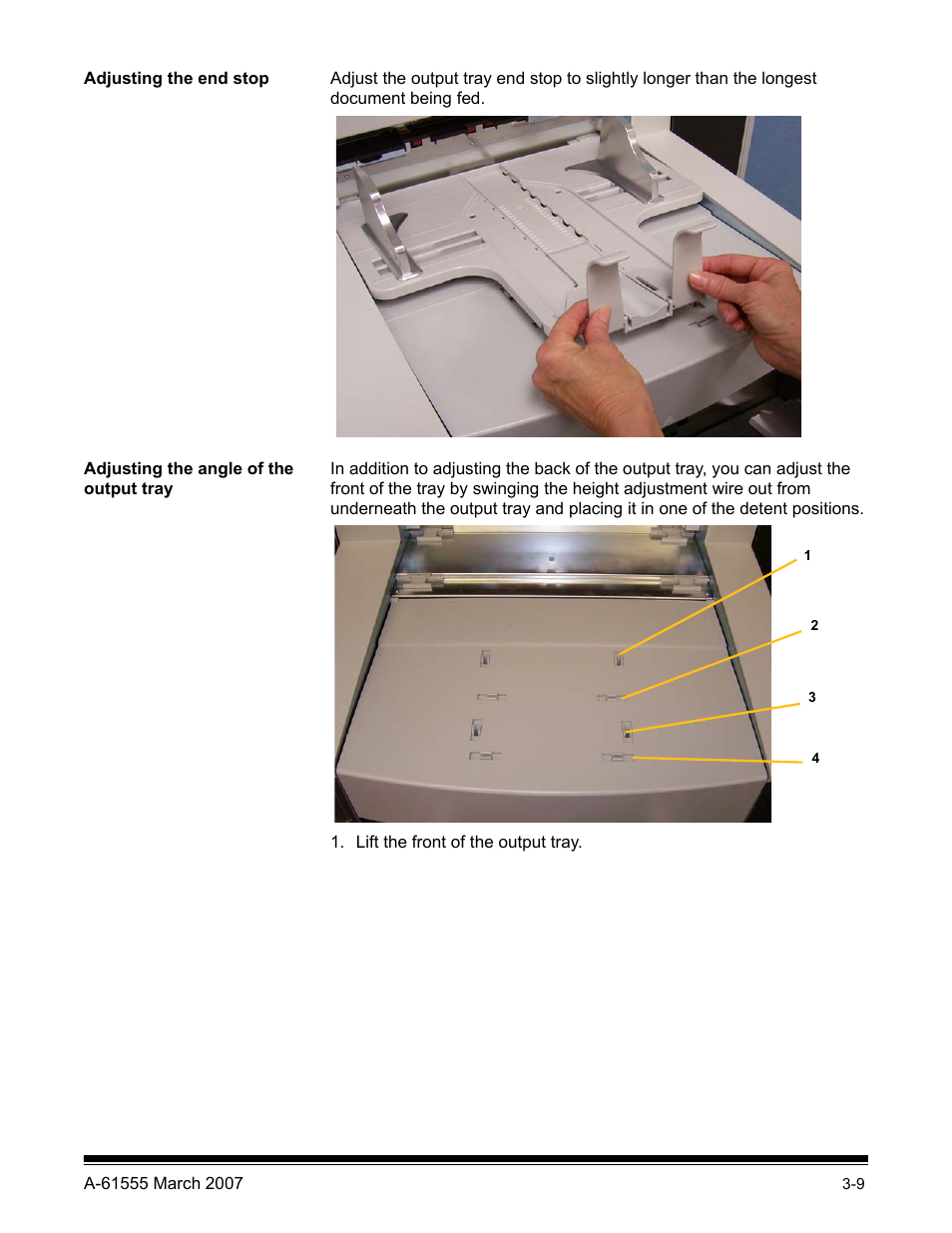 Adjusting the end stop, Adjusting the angle of the output tray | Kodak i1800 Series User Manual | Page 25 / 101