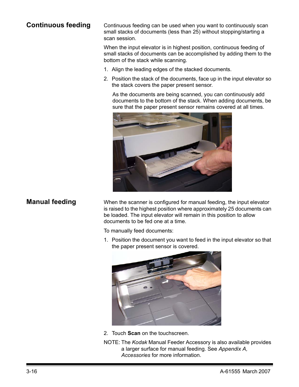 Continuous feeding, Manual feeding | Kodak i1800 Series User Manual | Page 32 / 101