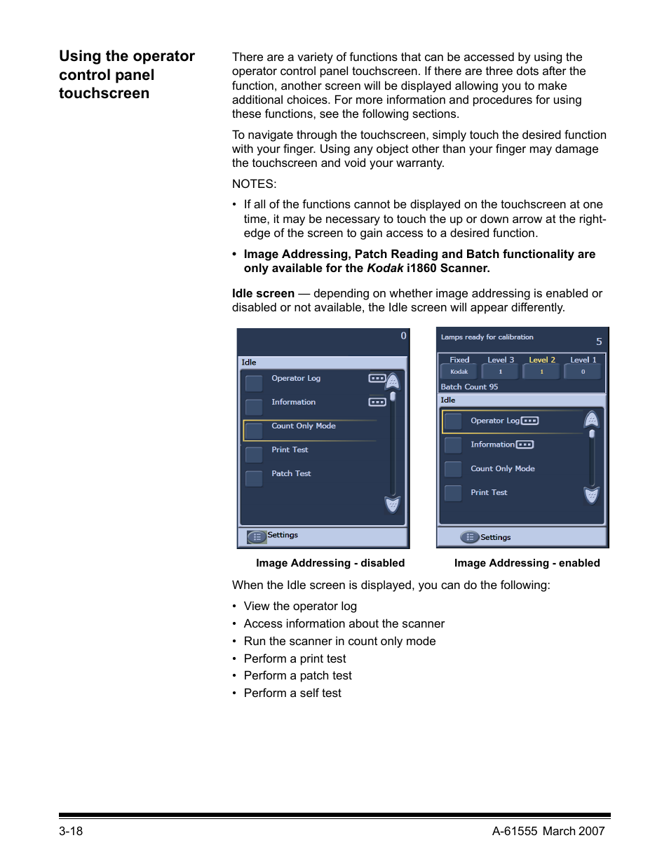 Using the operator control panel touchscreen | Kodak i1800 Series User Manual | Page 34 / 101