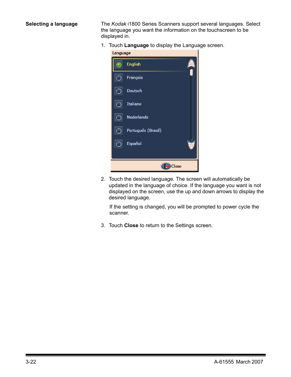 Selecting a language | Kodak i1800 Series User Manual | Page 38 / 101