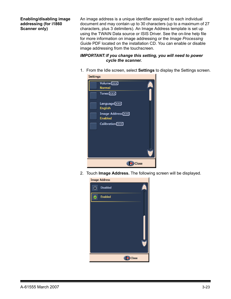 Enabling/disabling image addressing | Kodak i1800 Series User Manual | Page 39 / 101