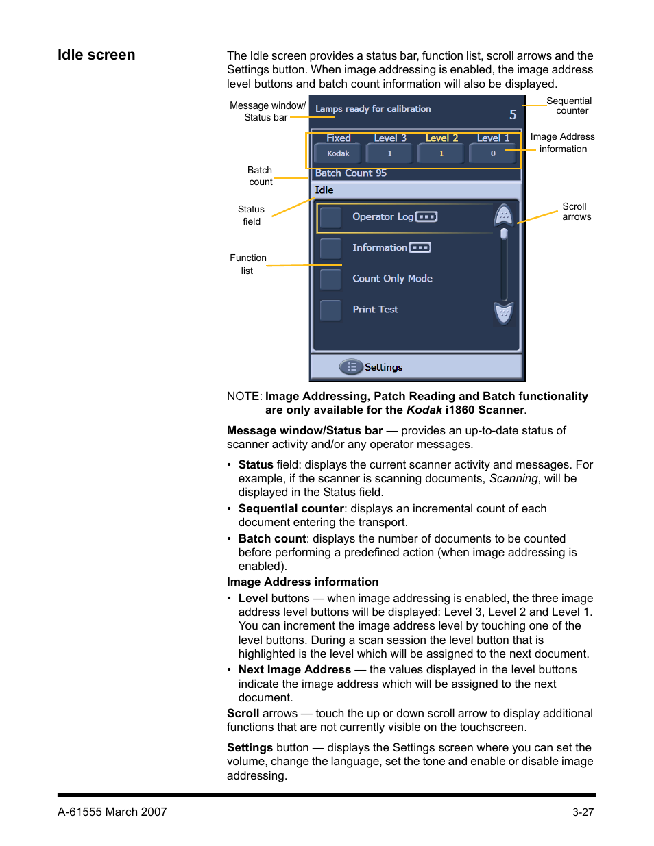 Idle screen | Kodak i1800 Series User Manual | Page 43 / 101