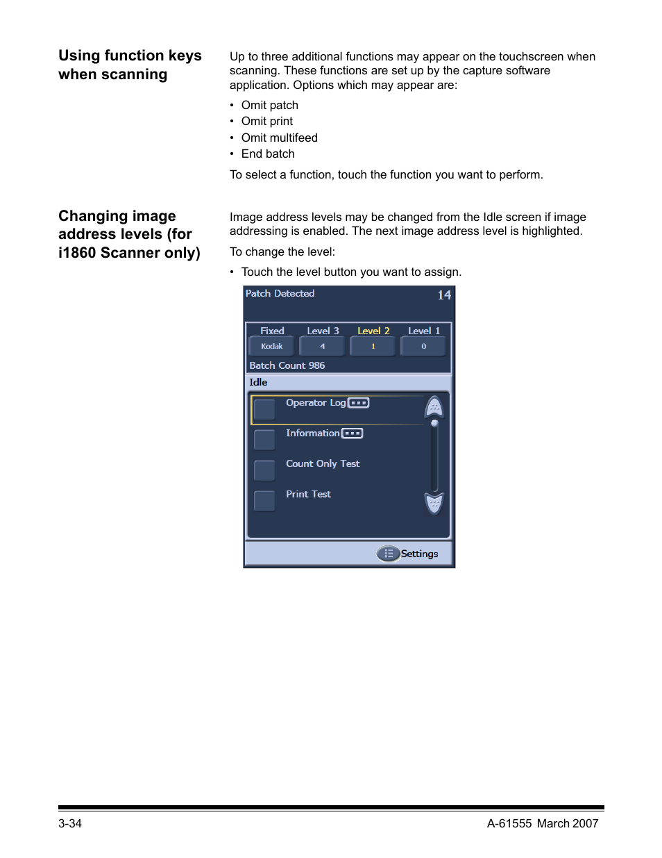 Using function keys when scanning, Changing image address levels | Kodak i1800 Series User Manual | Page 50 / 101
