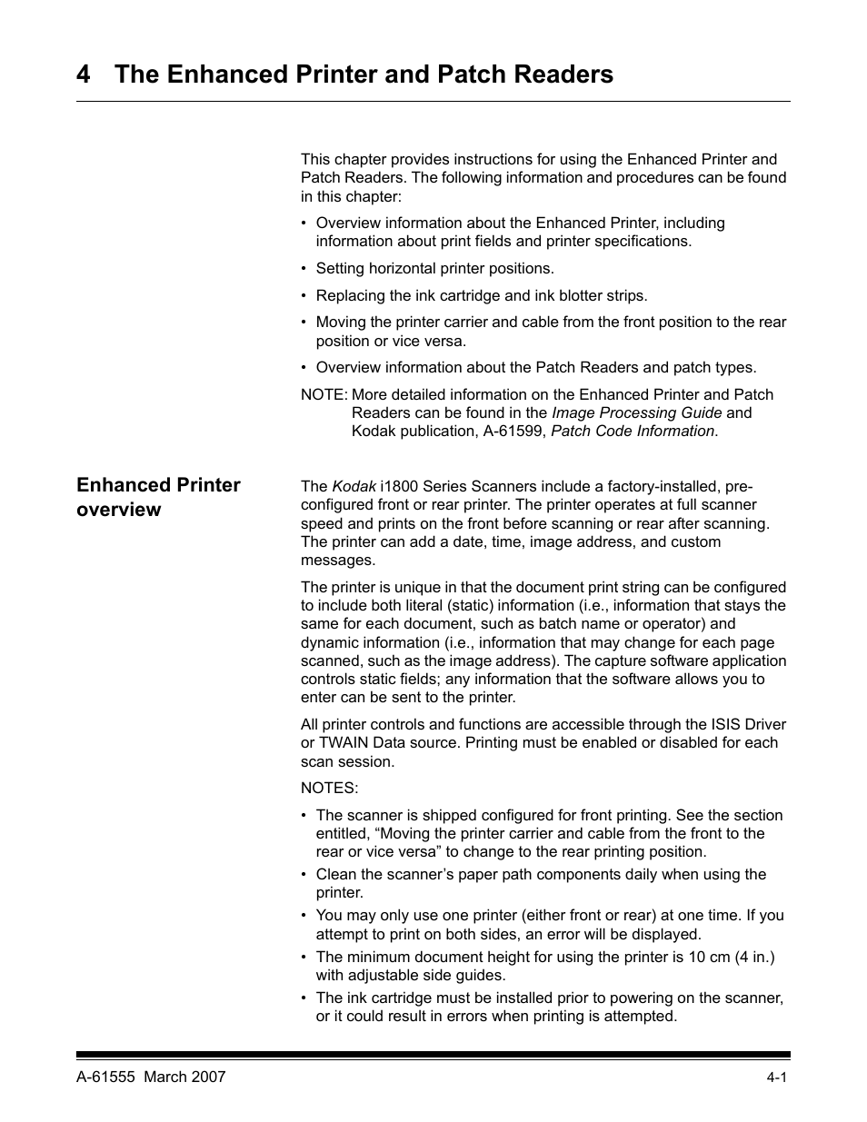 4 the enhanced printer and patch readers, Enhanced printer overview | Kodak i1800 Series User Manual | Page 53 / 101