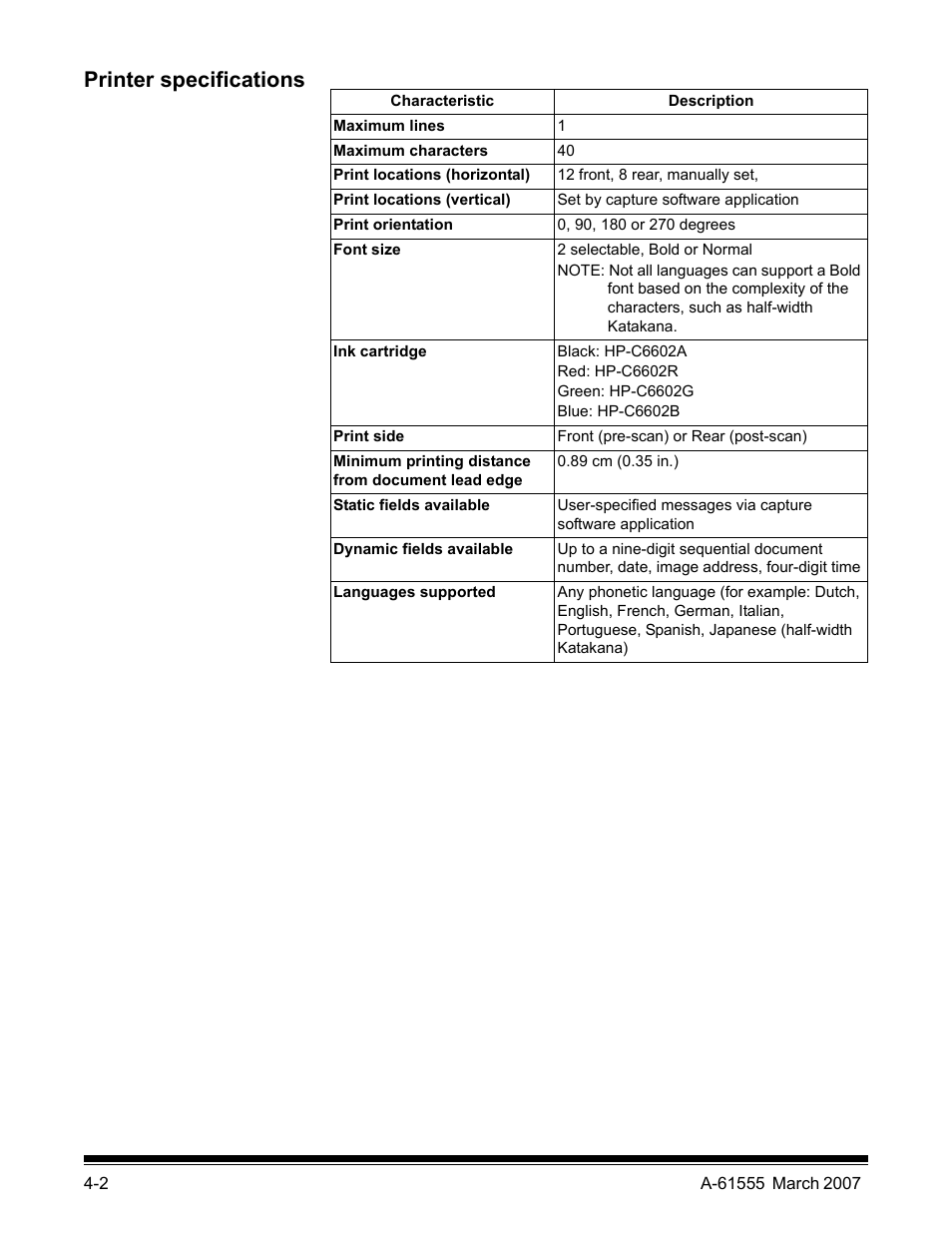 Printer specifications | Kodak i1800 Series User Manual | Page 54 / 101