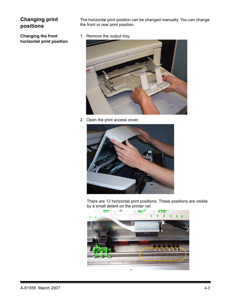 Changing print positions, Changing the front horizontal print positions | Kodak i1800 Series User Manual | Page 55 / 101