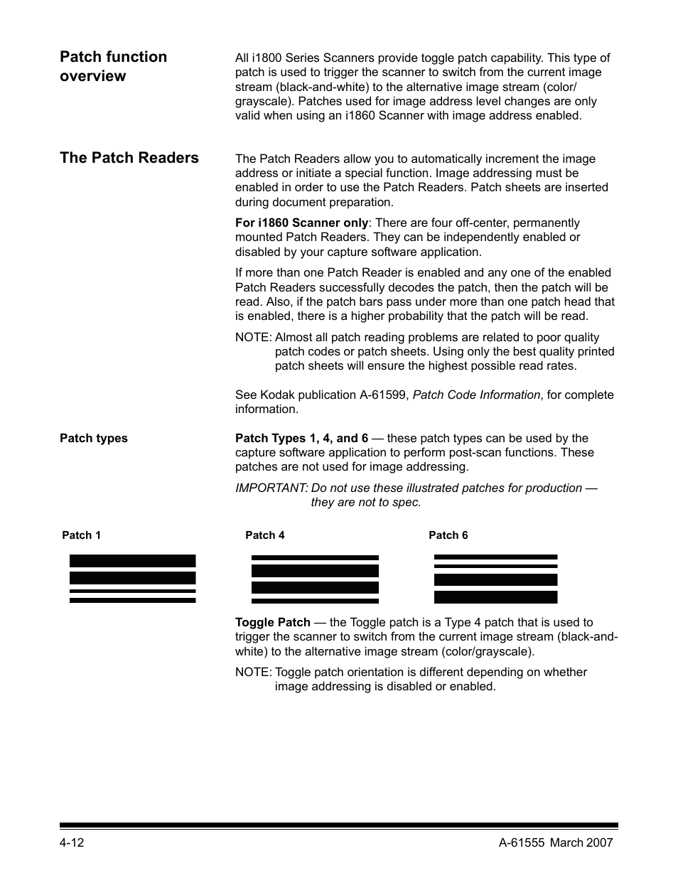 Patch function overview, The patch readers, Patch types | Kodak i1800 Series User Manual | Page 64 / 101