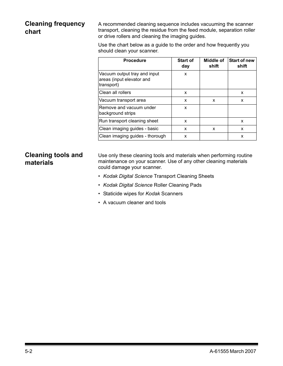 Cleaning frequency chart, Cleaning tools and materials | Kodak i1800 Series User Manual | Page 67 / 101