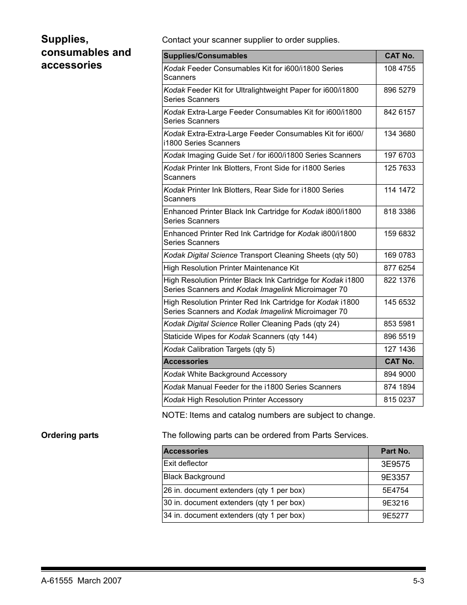 Supplies, consumables and accessories, Ordering parts | Kodak i1800 Series User Manual | Page 68 / 101