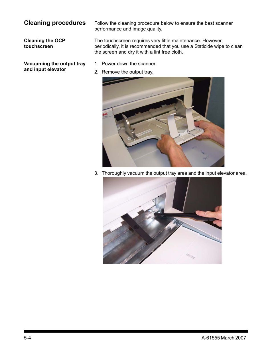 Cleaning procedures, Cleaning the ocp touchscreen, Vacuuming the output tray and input elevator | Kodak i1800 Series User Manual | Page 69 / 101