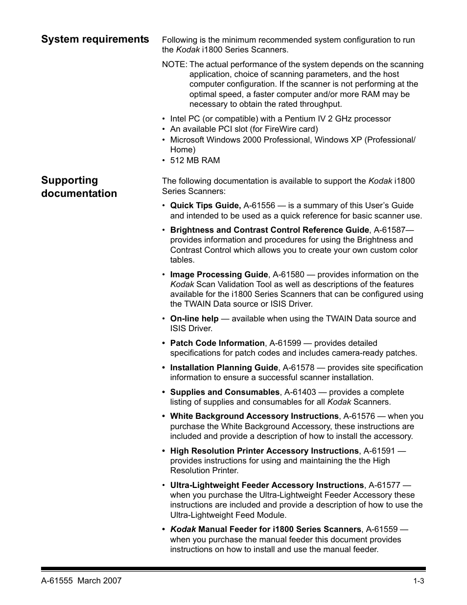 System requirements, Supporting documentation | Kodak i1800 Series User Manual | Page 7 / 101