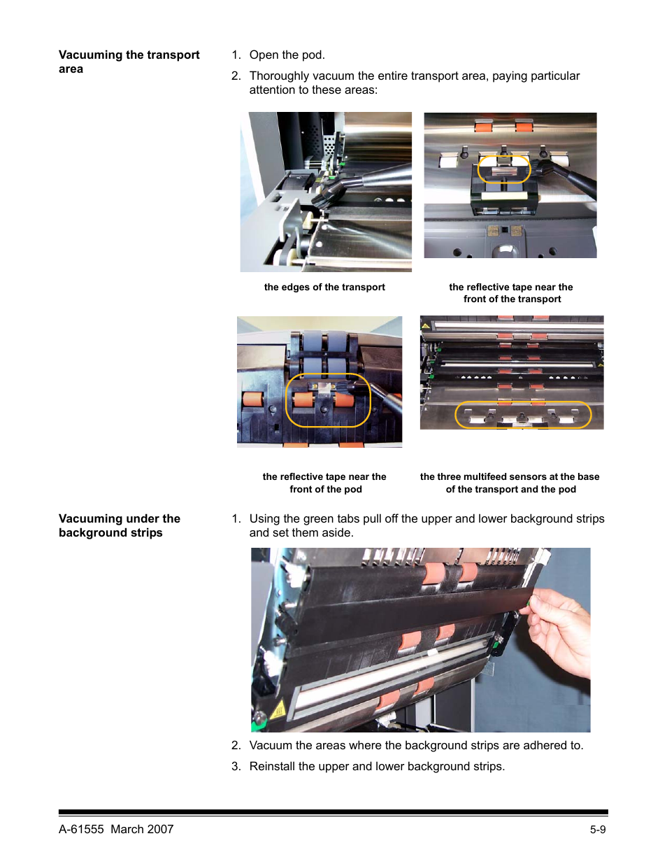 Vacuuming the transport area, Vacuuming under the background strips | Kodak i1800 Series User Manual | Page 74 / 101